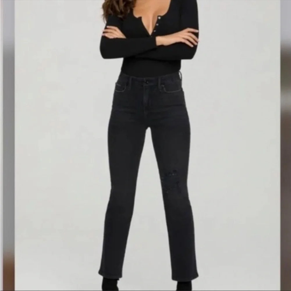 Good American Classic Black Straight Leg Jeans Denim High Waist Ripped Size 4/27